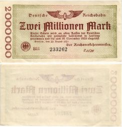 Банкнота 2 миллиона марок 1923 года, Германия (Имперская железная дорога) UNC